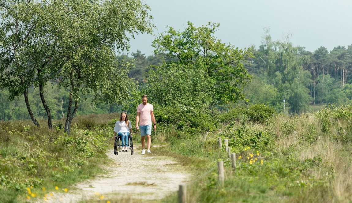 Couple enjoys Overasseltsche fen, Gelderland. Lady sits in wheelchair.